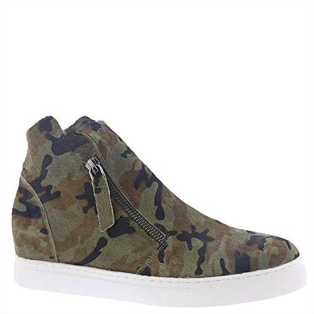 NEW ALL BLACK women's fur top & zip wedge sneakers in camouflage